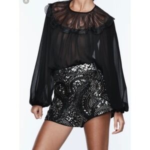 Zara Black Sheer Embroidered Bib Collar Blouse Balloon Sleeve Top M NWT Womens